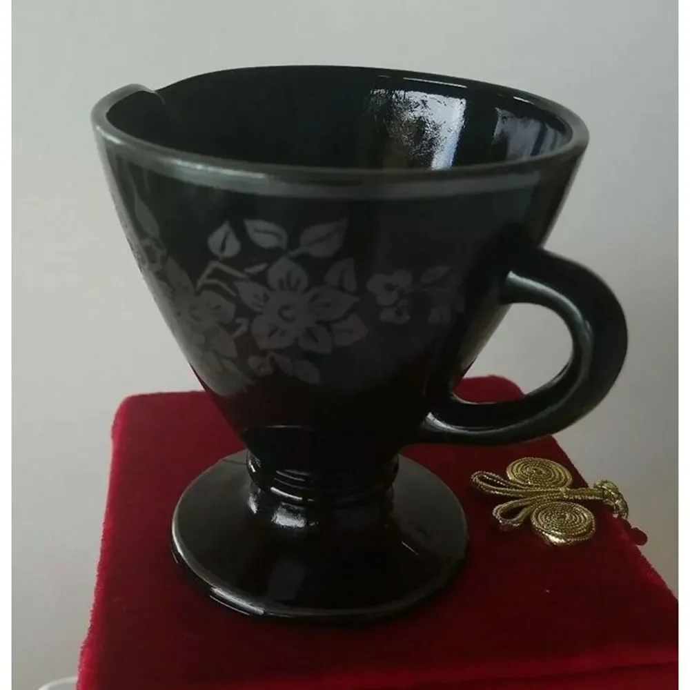 Vintage Rare Black Milk Glass Creamer Pitcher w/ silver trim 3.5